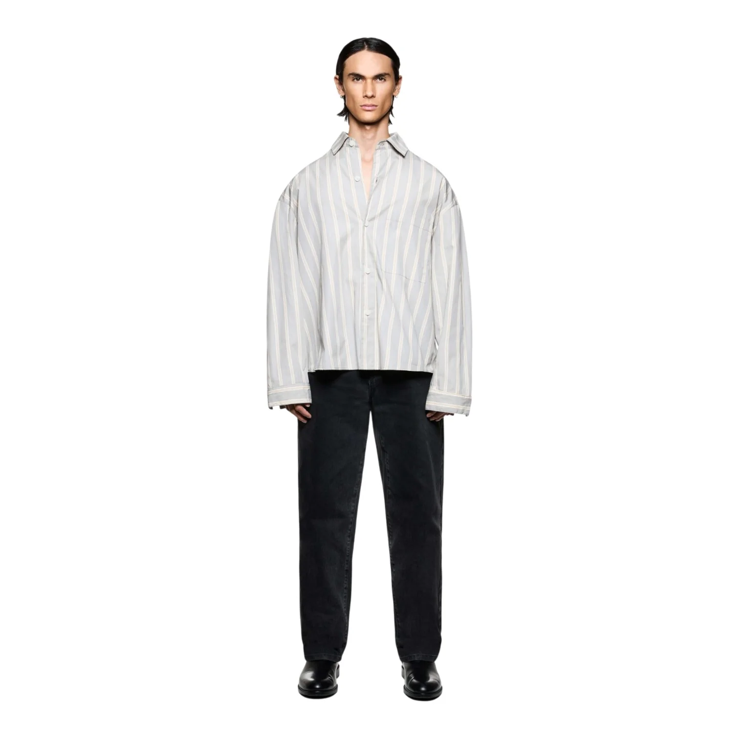 Poplin Stripe Box Dress Shirt Light Grey - Image 3